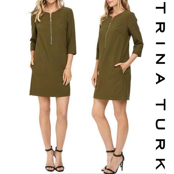 Trina Turk olive green half zip 3/4 sleeve dress size 2. - Picture 1 of 6